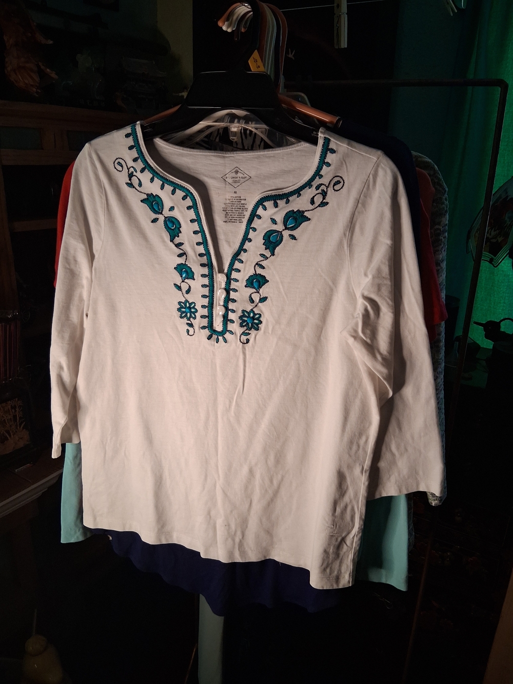 St. John's Bay White Split-Neck Top with Teal Embroidery